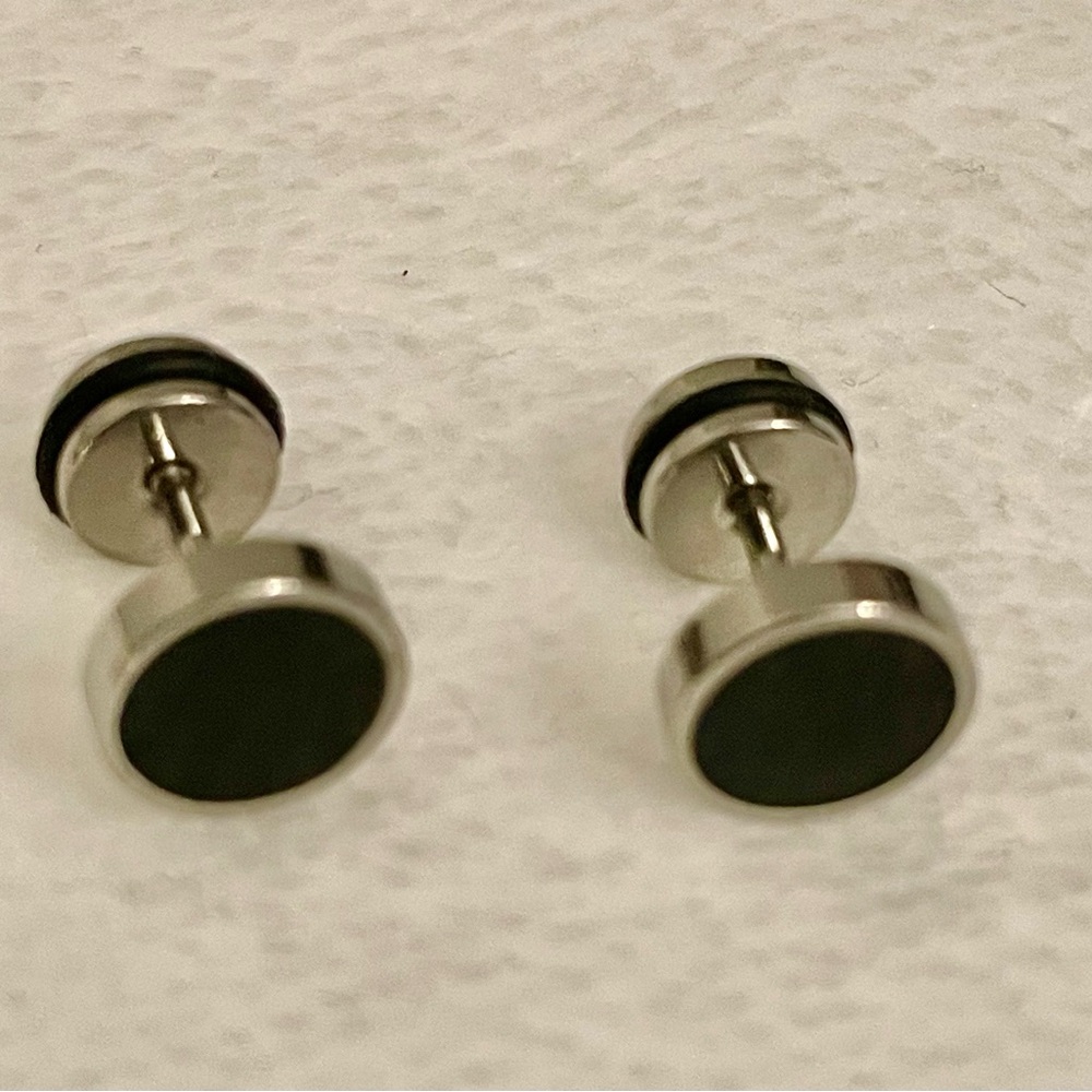 Silver & Black Flat Front & Backs- 316L Stainless Steel Earrings-Unisex - Picture 6 of 8